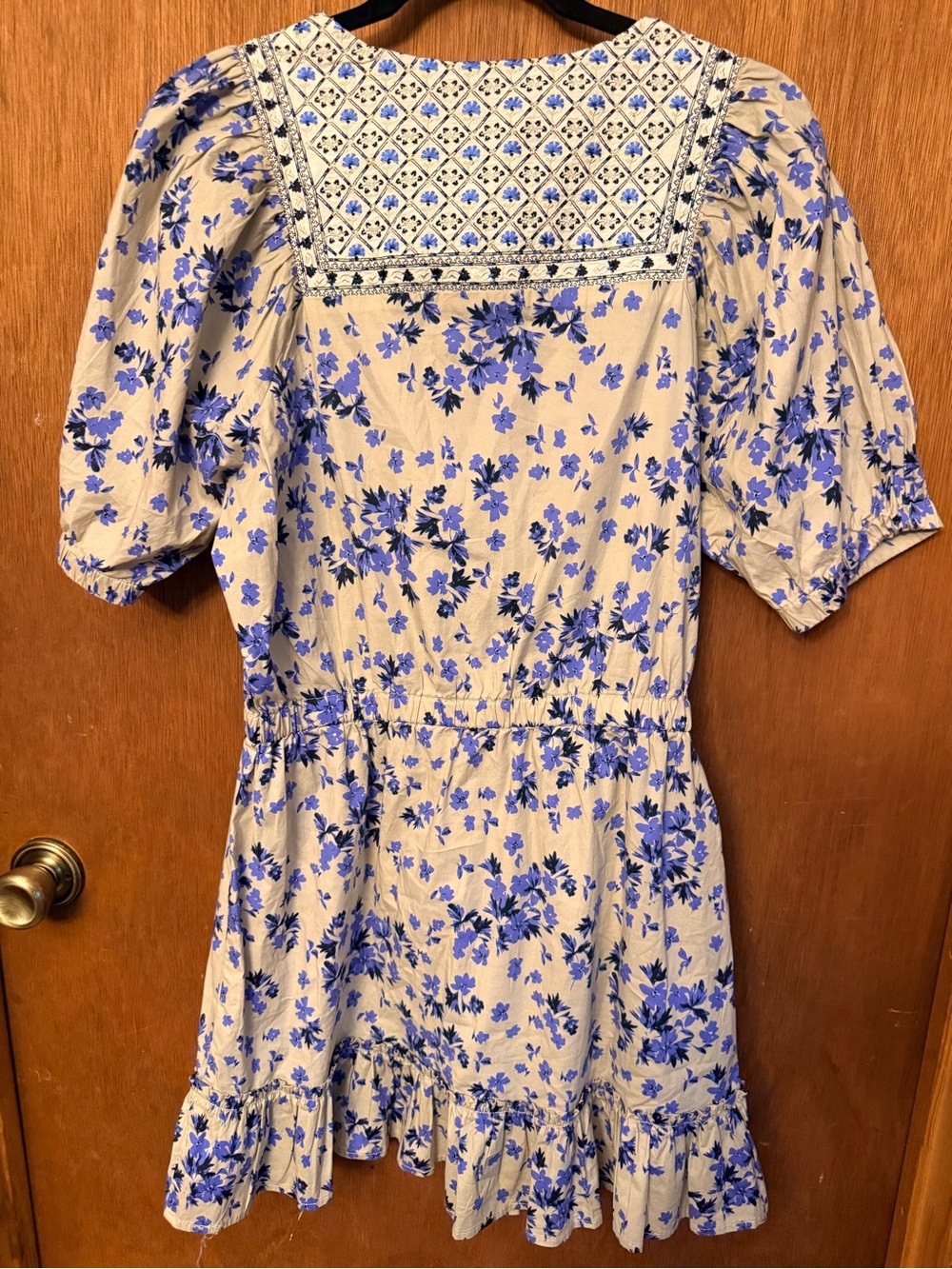 Nicole Miller Cream Mini Dress with Blue Floral Print and Embroidered Yoke